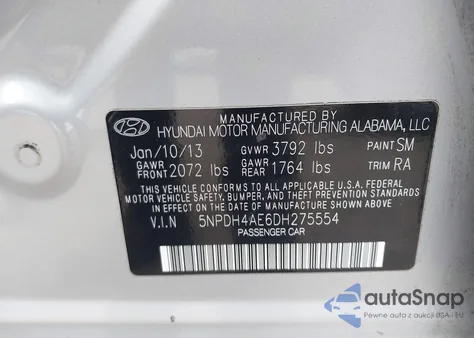 2013 Hyundai Elantra Gls z USA, uszkodzony, nr VIN 5NPDH4AE6DH275554